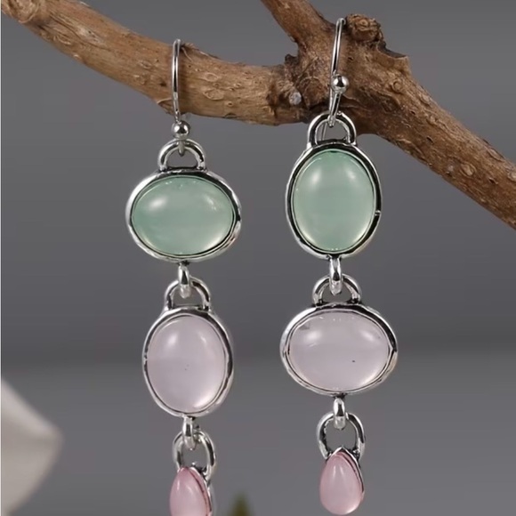 Jewelry - Silver Drop Earrings with Mint Green and Soft Pink Stones